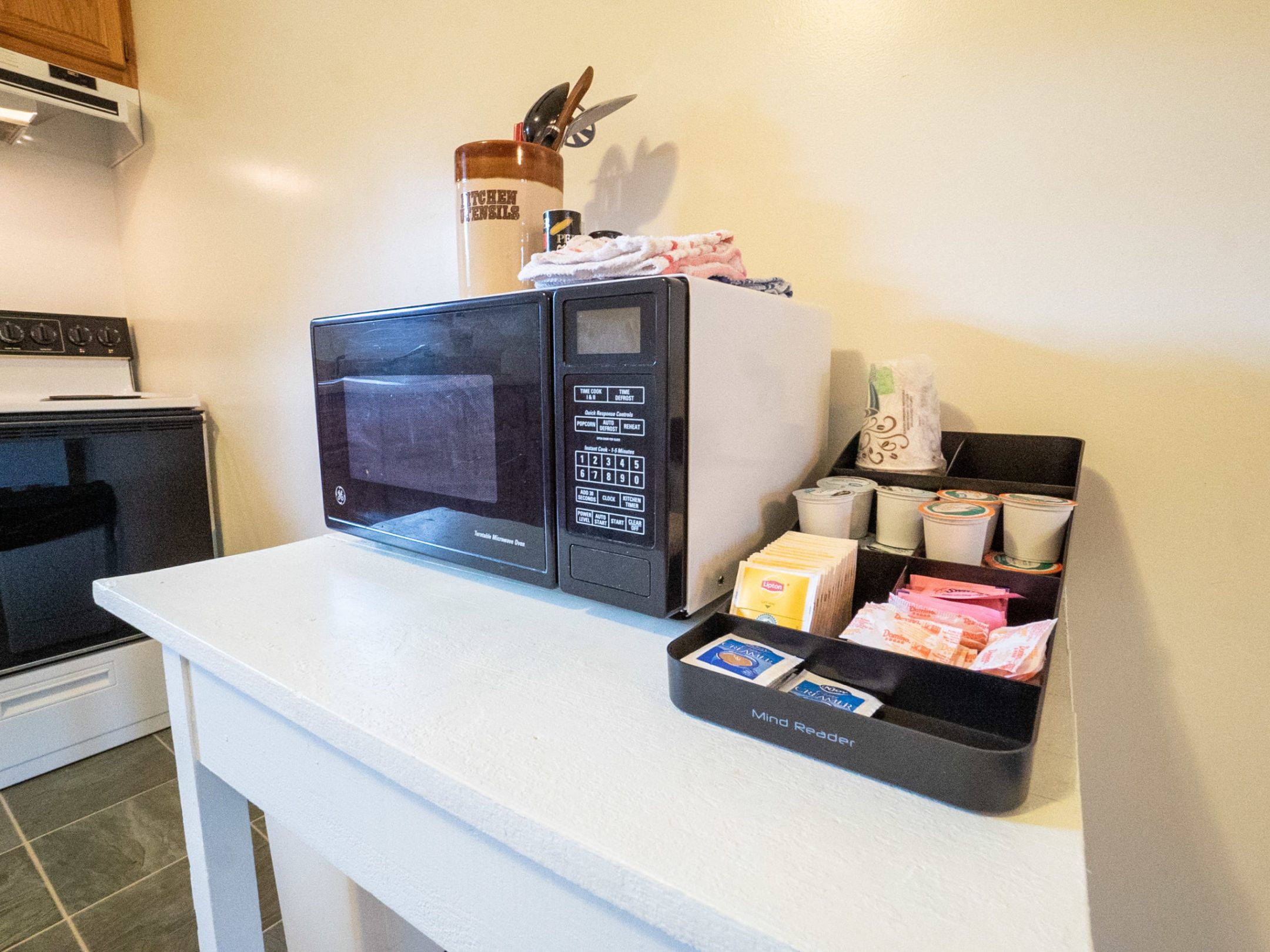 a microwave oven sitting on top of a table