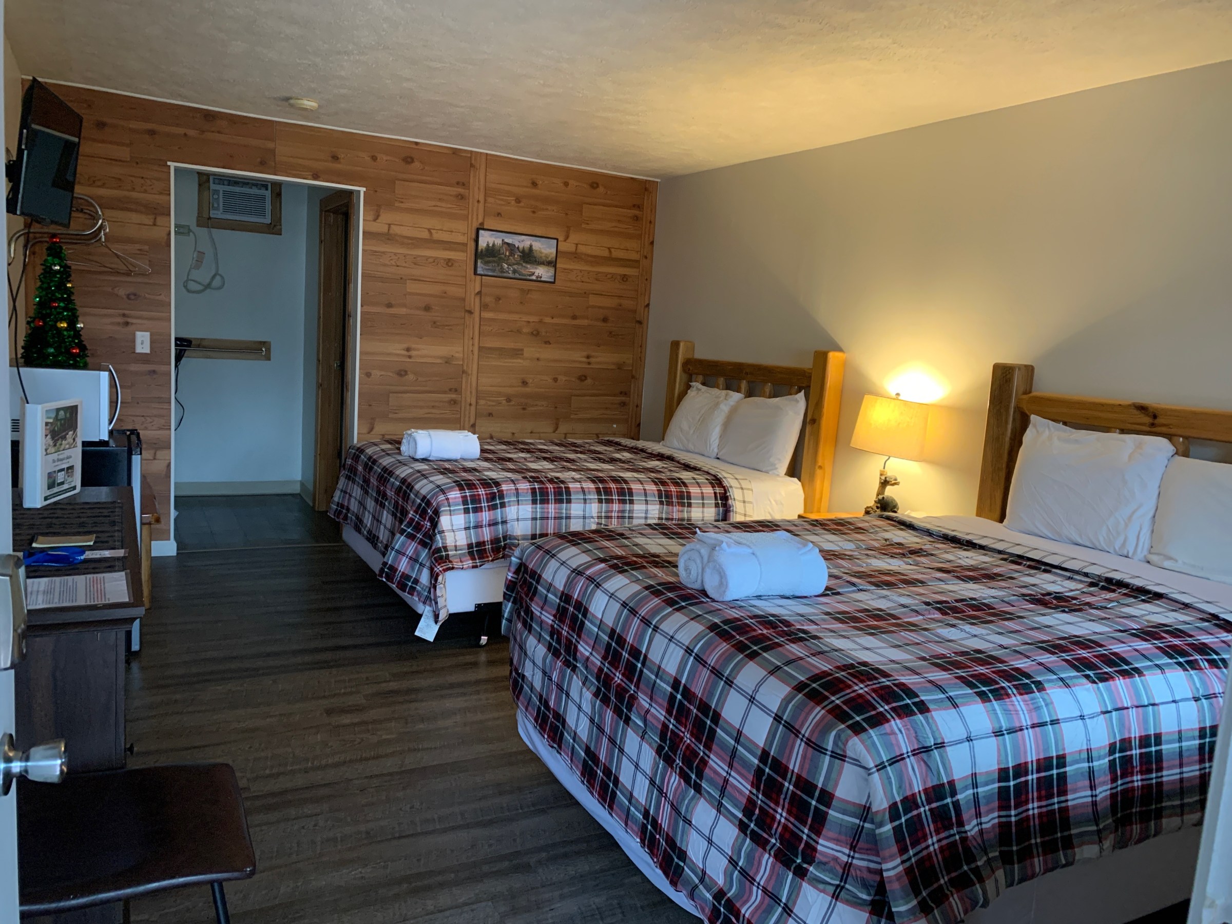 Hotel room with two beds, plaid bedding, a small tree, TV, microwave, and wooden decor.
