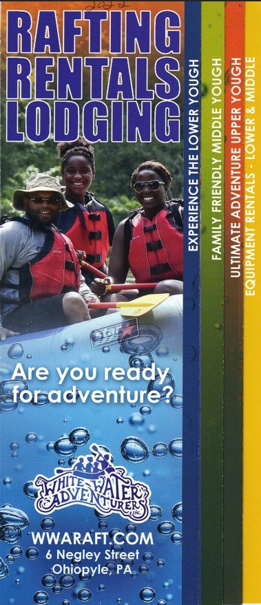 Brochure for White Water Adventurers with rafting rentals and lodging information.
