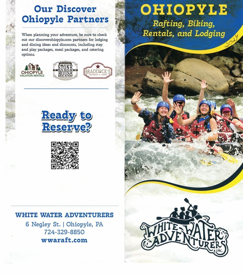 Brochure for Ohiopyle activities with rafting image and contact details for White Water Adventurers.