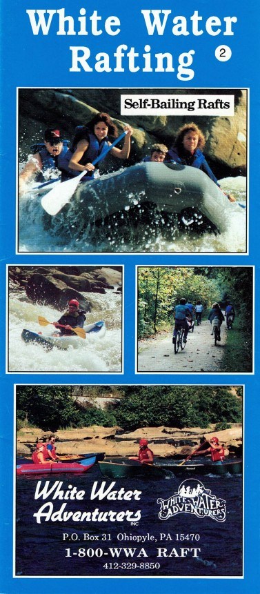 Brochure with rafting images and contact info for White Water Adventurers.