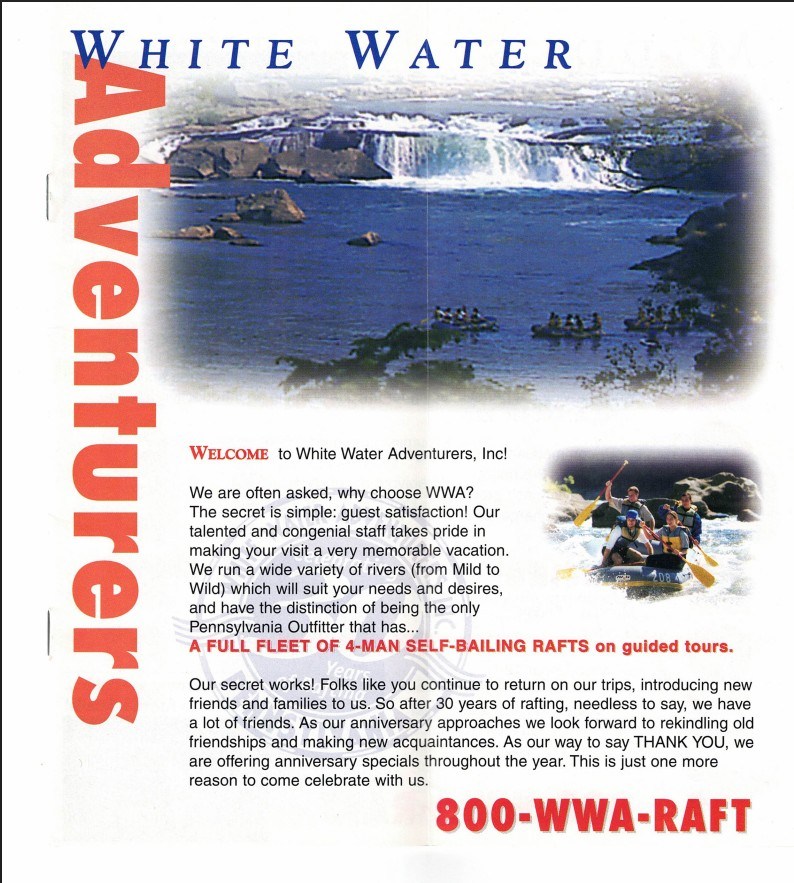 Brochure for White Water Adventurers with text and rafting images.