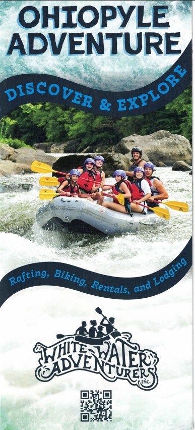 Brochure cover for Ohiopyle Adventure with rafting image and text about activities.