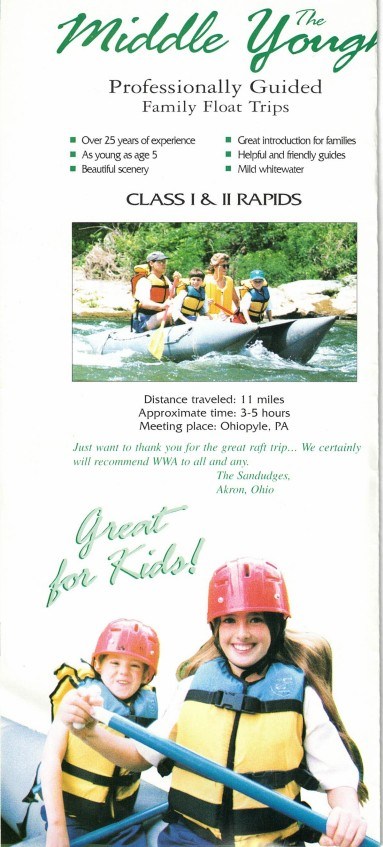 Brochure promoting family float trips with rafting image and kids in helmets.